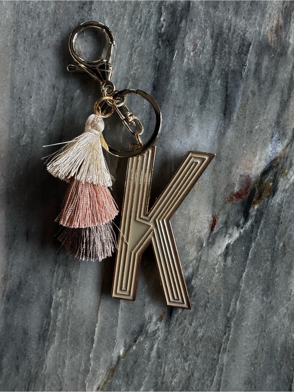 Gold Initial K Keyring with Pink & Cream Tassels